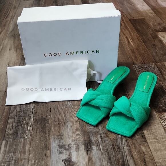 Good American Women's Green Terry Kitten Heel Sandals Kickstand Mules6‎ 1/2-7